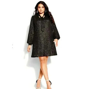 City Chic Fever Tie Womens 18W V Neck Sequined Mini Dress Black Stretch NEW